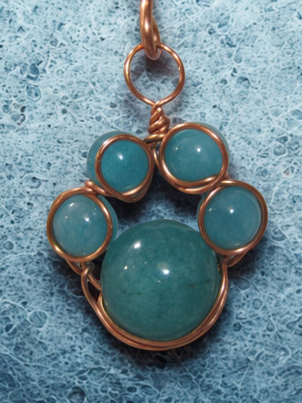 Handcrafted Aquamarine Paw Print Gemstone Pendant Copper Wire Wrap Dog Cat Lover